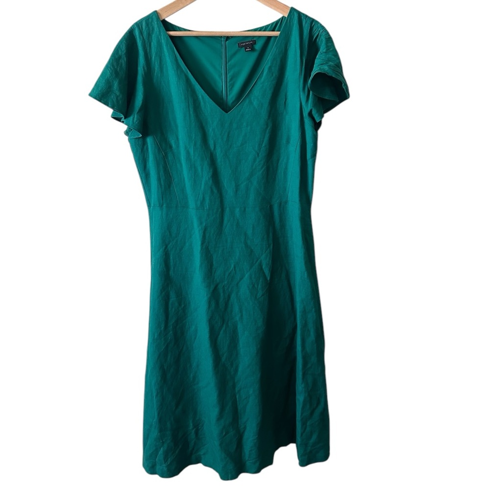 Ann Taylor Kelly Green Linen Flutter Sleeve Midi Dress Size 12 Flowy Lightweight
